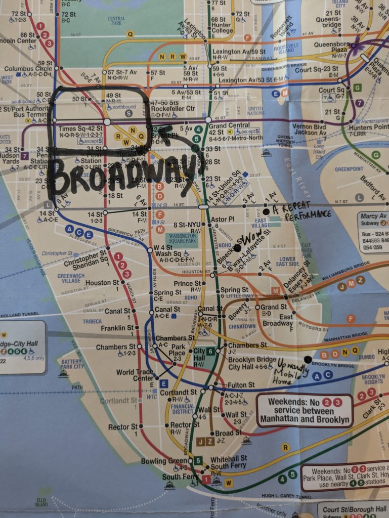 plan de Manhattan avec les lignes de métro, quelques lieux notés à la main